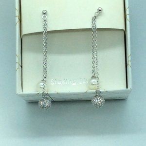 Simply Silver Drop chain dangle Earrings Faux Pearls Sterling Silver‎